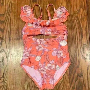 Art Class One Piece Girls Swimsuit Size XS (4/5) Coral with Flowers